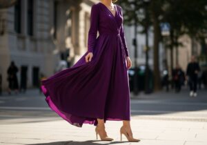 Žena v hluboce fialových šatech a béžových podpatcích stojí na slunečné městské ulici.