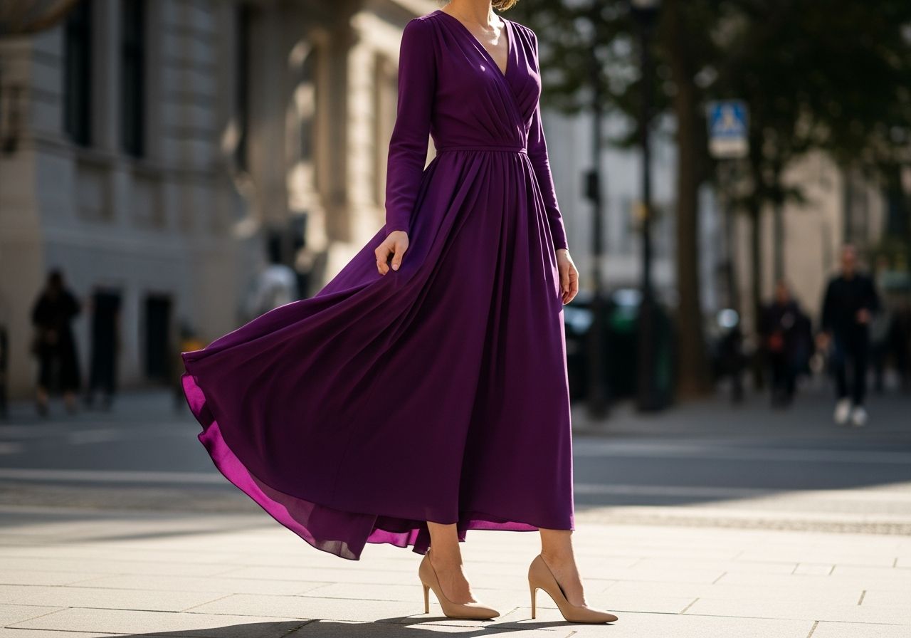 Žena v hluboce fialových šatech a béžových podpatcích stojí na slunečné městské ulici.