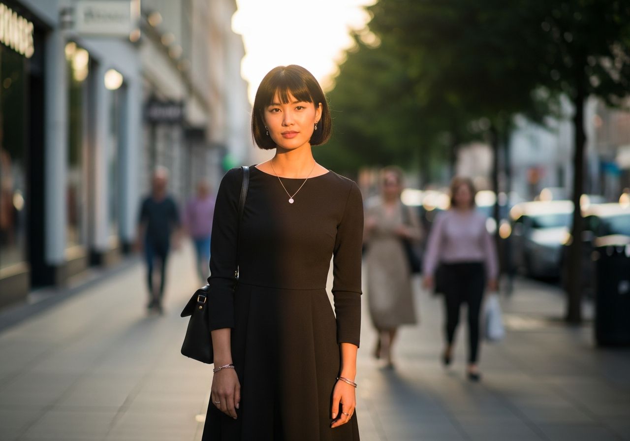 Žena v černých šatech s kabelkou stojí na rušné městské ulici za zlaté hodiny světla.