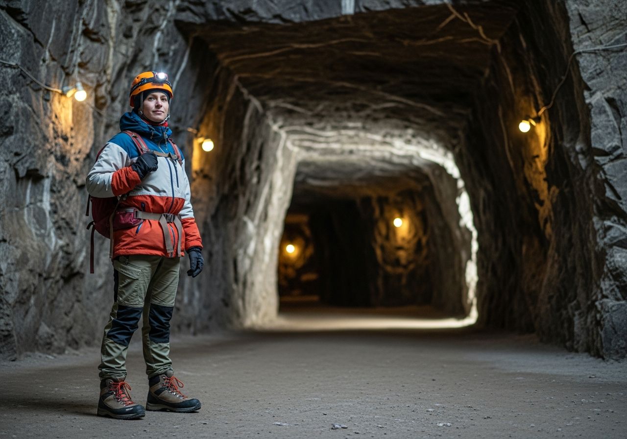 Osoba v turistickém oblečení u vstupu do solného dolu Wieliczka s helmou a batohu