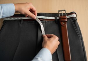 Měření pasu kalhot páskem s látkovým metr na světlém dřevěném povrchu z výšky