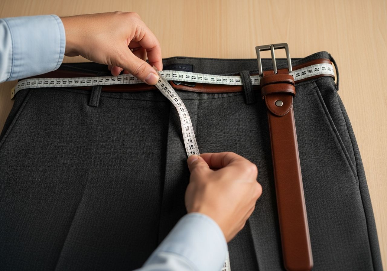 Měření pasu kalhot páskem s látkovým metr na světlém dřevěném povrchu z výšky