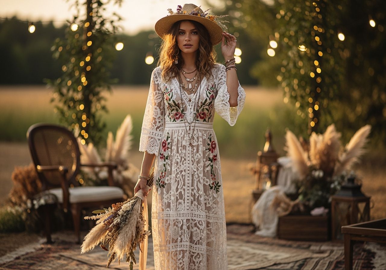 Mladá žena v krajkových šatech s kyticí sušených květin na venkovní boho svatbě za zlaté hodiny