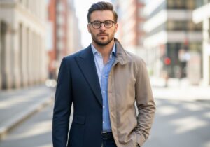Muž stojí ve městě, vlevo má modré sako, vpravo béžový ležérní žaket, rozdíl látek a střihů