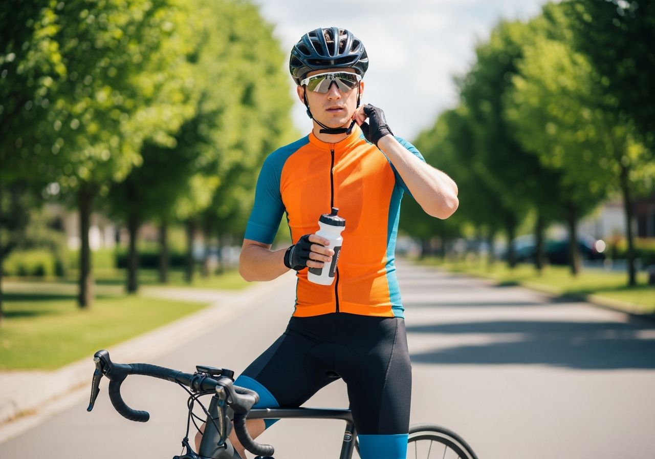 Mladý cyklista v plné výbavě připravuje kolo na jízdu na klidné ulici za slunečného dne