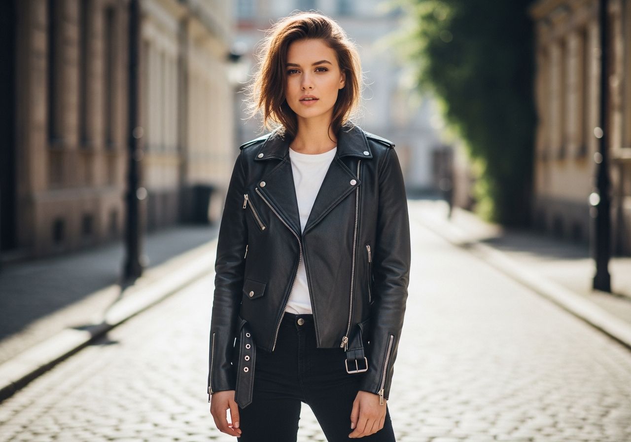 Mladá žena v černé kožené moto bundě stojí na dlážděné ulici ve městě za denního světla.