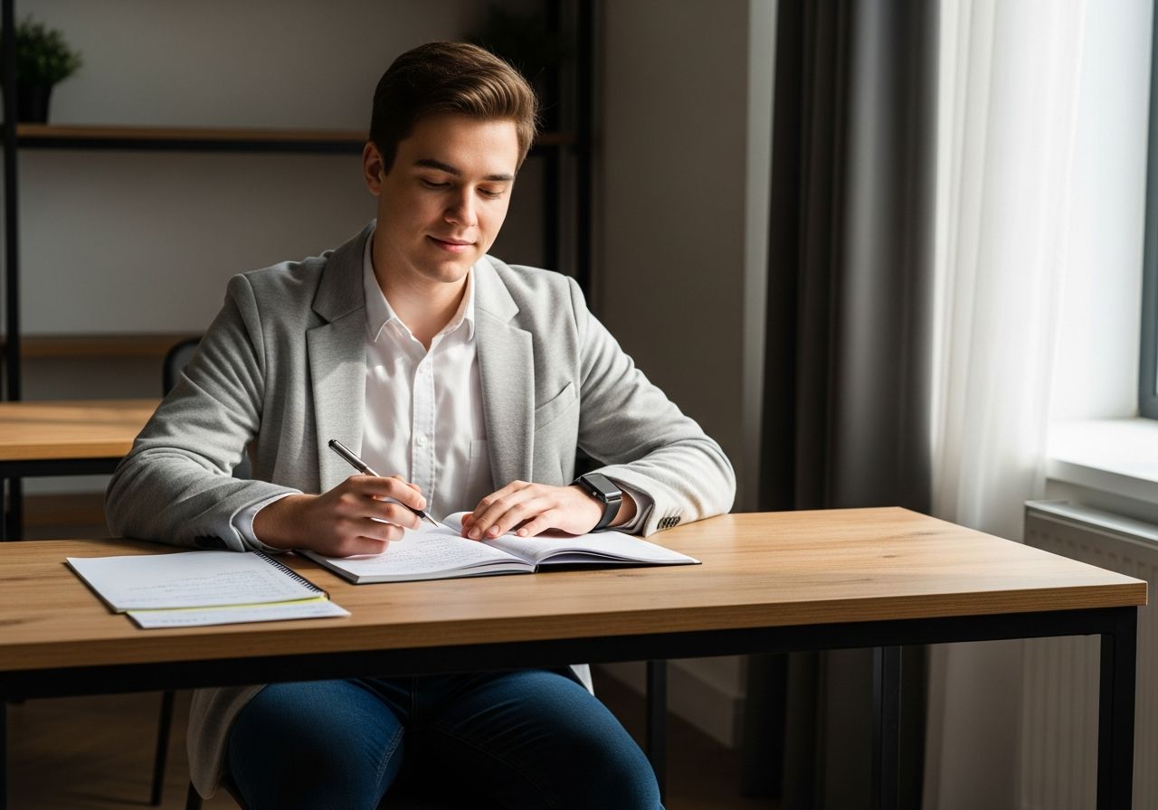 Mladý student sedí u stolu s poznámkami, drží pero, v jasné místnosti s přirozeným světlem.