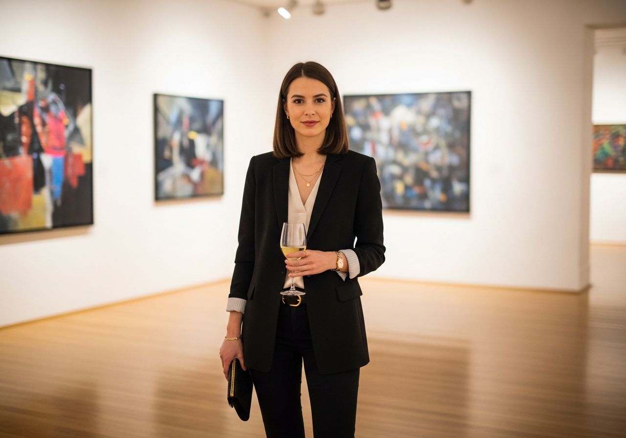 Stylová žena v galerií při vernisáži s černým sakem, držením sklenky bílého vína a psaníčkem.
