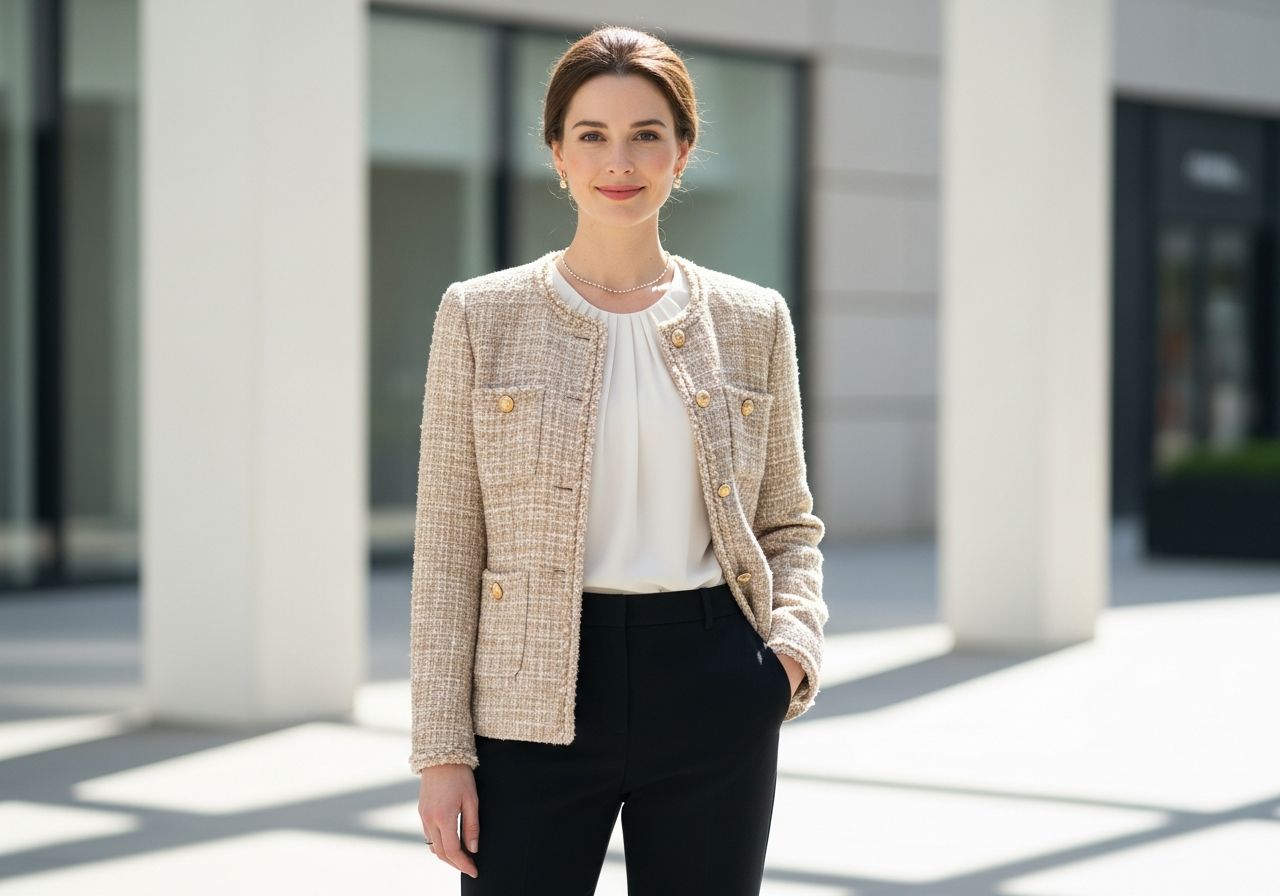 Elegantní žena v béžovém klasickém Chanel kabátě v moderním městském prostředí