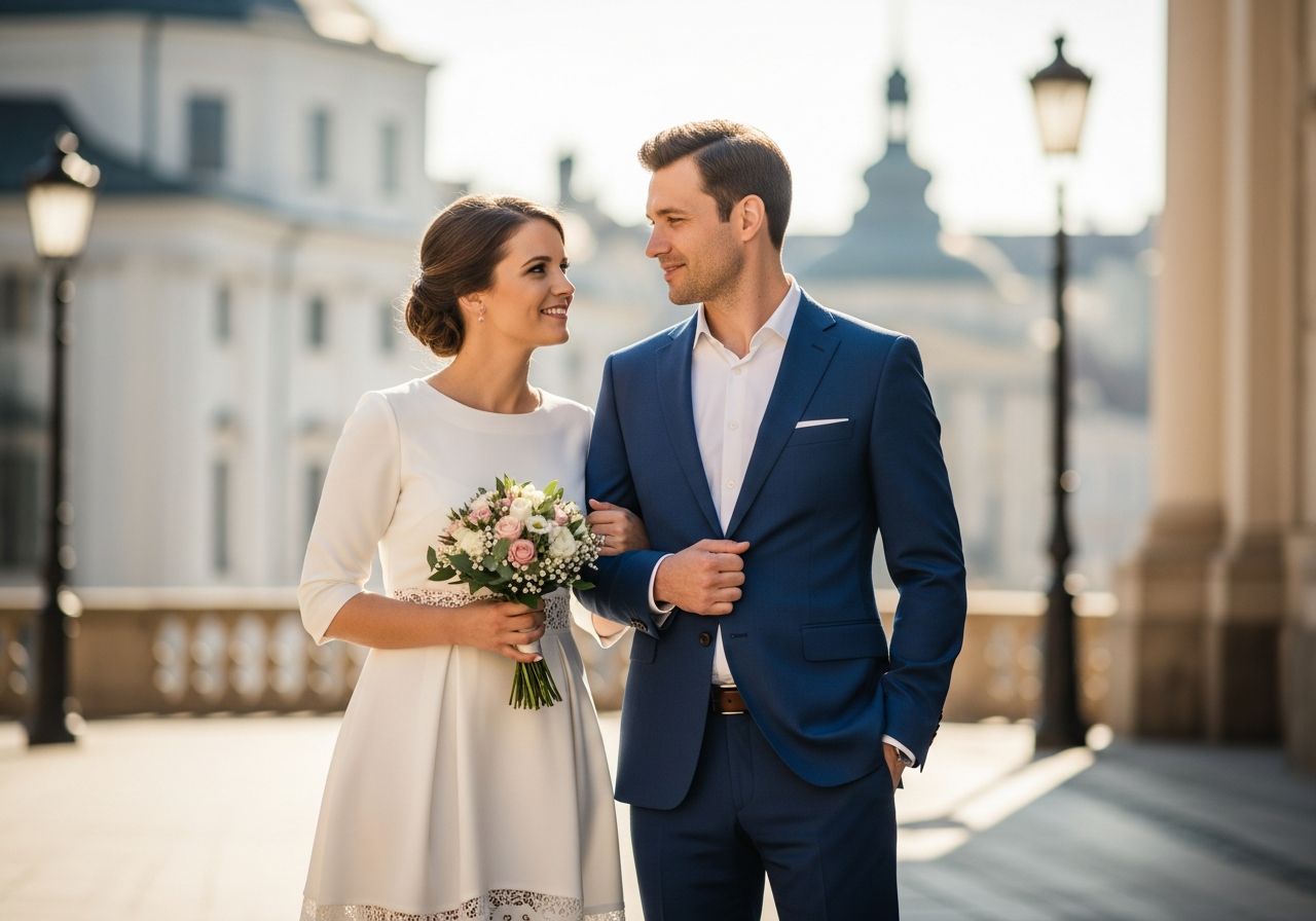 Mladý pár na svatbě, žena v bílé šatech drží kytici, muž v modrém saku, venku, městské pozadí