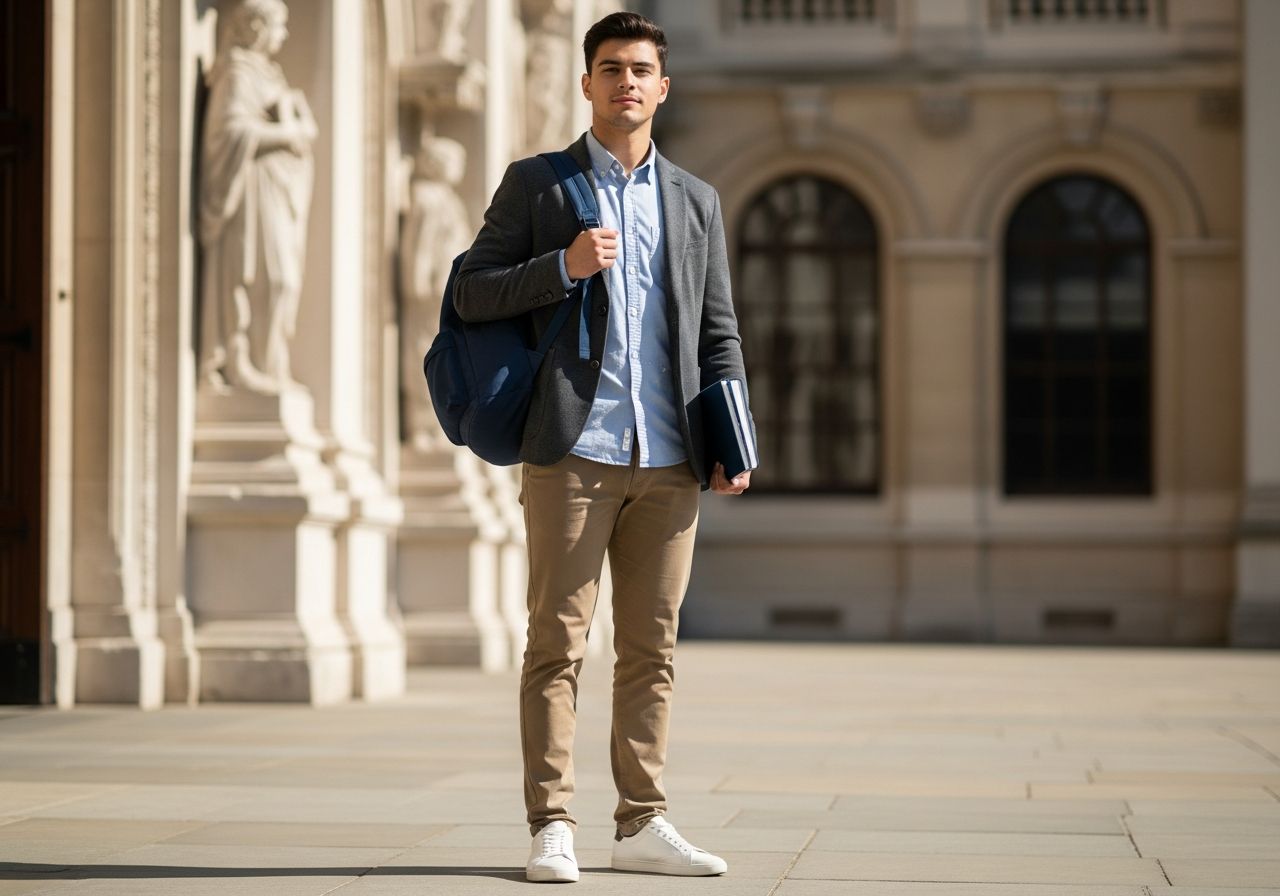 Student stojící před univerzitou držící batoh a sešity v chytrém neformálním oblečení