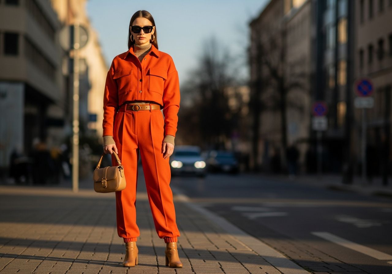 Módní modelka v oranžovém outfitu na městské ulici při zlaté hodině s rozostřeným pozadím.
