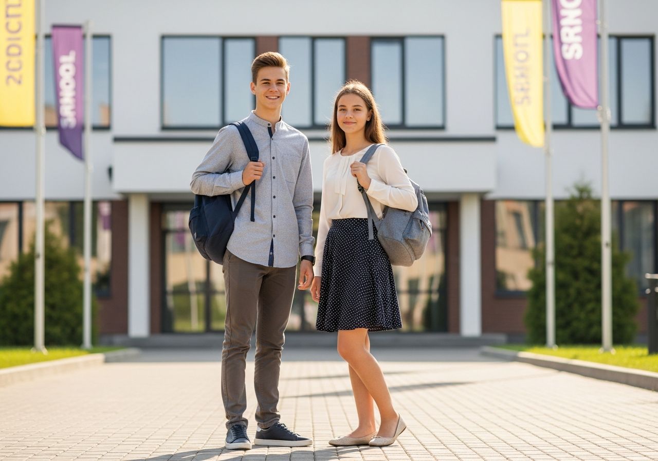 Dva teenageři s batohy stojí před moderní školou na první den školy, usmívají se.