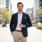 Muž v modrém saku a béžových kalhotách stojí v moderním městském prostředí během dne