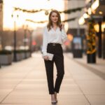 Mladá žena v elegantním oblečení drží kabelku na městském večeru s oslavnou atmosférou.
