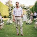 Muž v bílé košili a béžových kalhotách stojí na svatbě v zahradě mezi hosty.