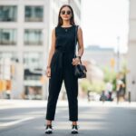 Mladá žena v černém overal v městském prostředí s přirozeným světlem, zaměřeno na detaily oblečení.