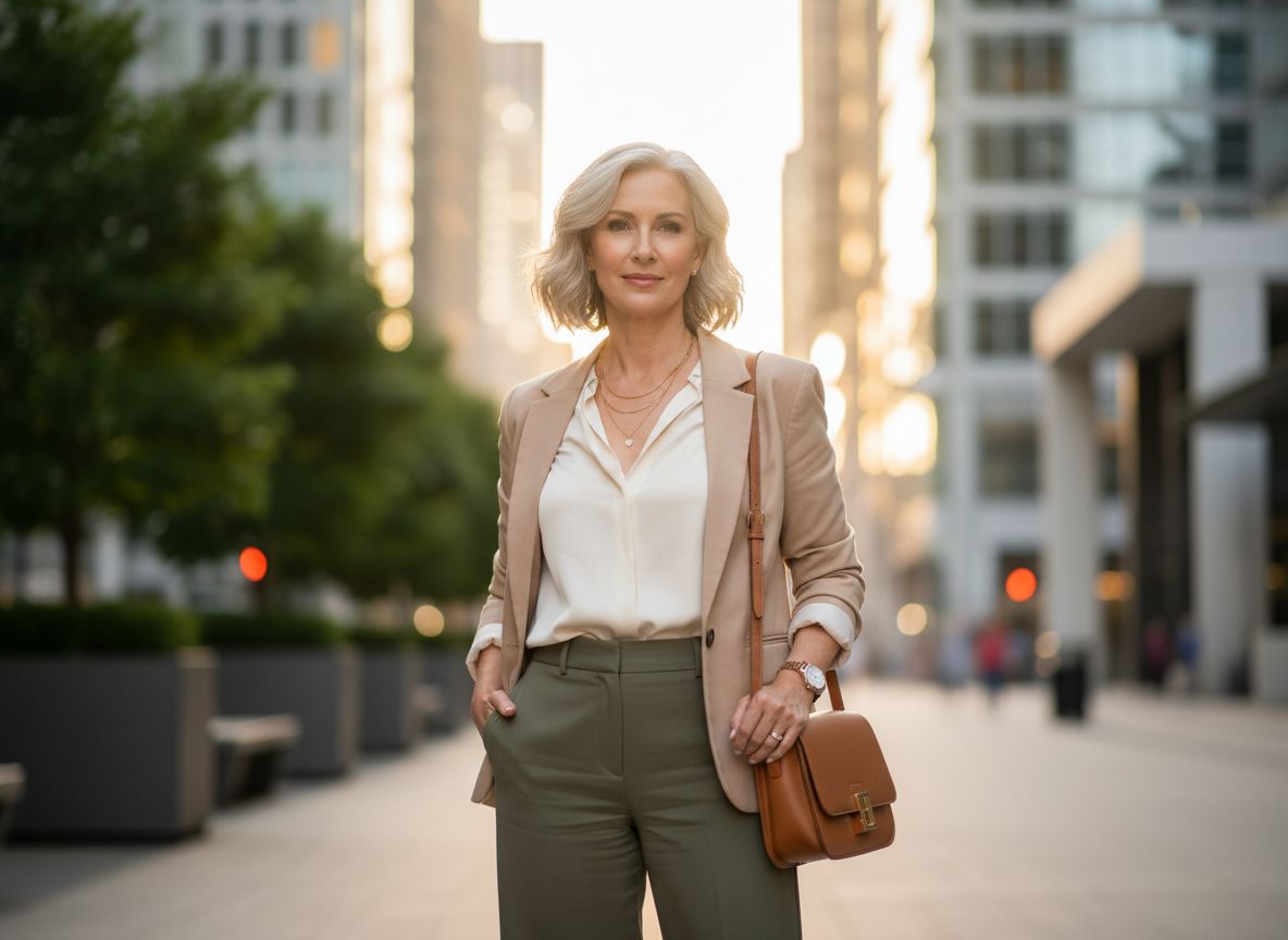 Stylová 50letá žena v moderním městském prostředí, oblečená v elegantním a pohodlném outfitu.