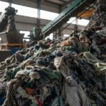 Hromada opotřebovaných textilií v recyklačním závodě s průmyslovým zařízením v pozadí.