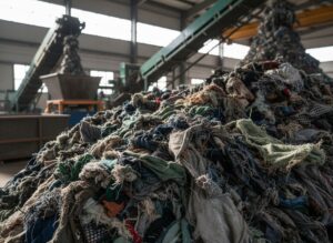 Hromada opotřebovaných textilií v recyklačním závodě s průmyslovým zařízením v pozadí.