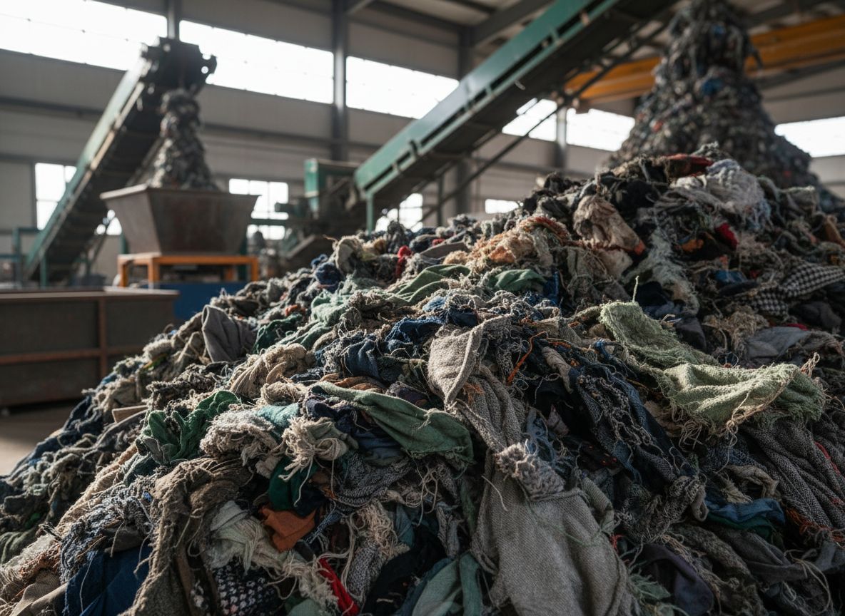 Hromada opotřebovaných textilií v recyklačním závodě s průmyslovým zařízením v pozadí.
